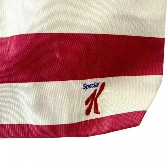 Oversized Canvas Tote Bag Rope Handle Beach Travel Carryall Red Cream Stripes - Picture 3 of 13